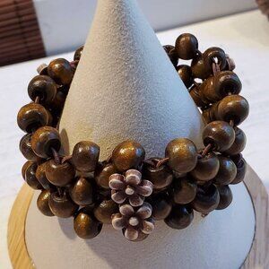 Vintage 90s Y2K Boho Brown Wood Mauve Acrylic Flower Beads Stretch Bracelet